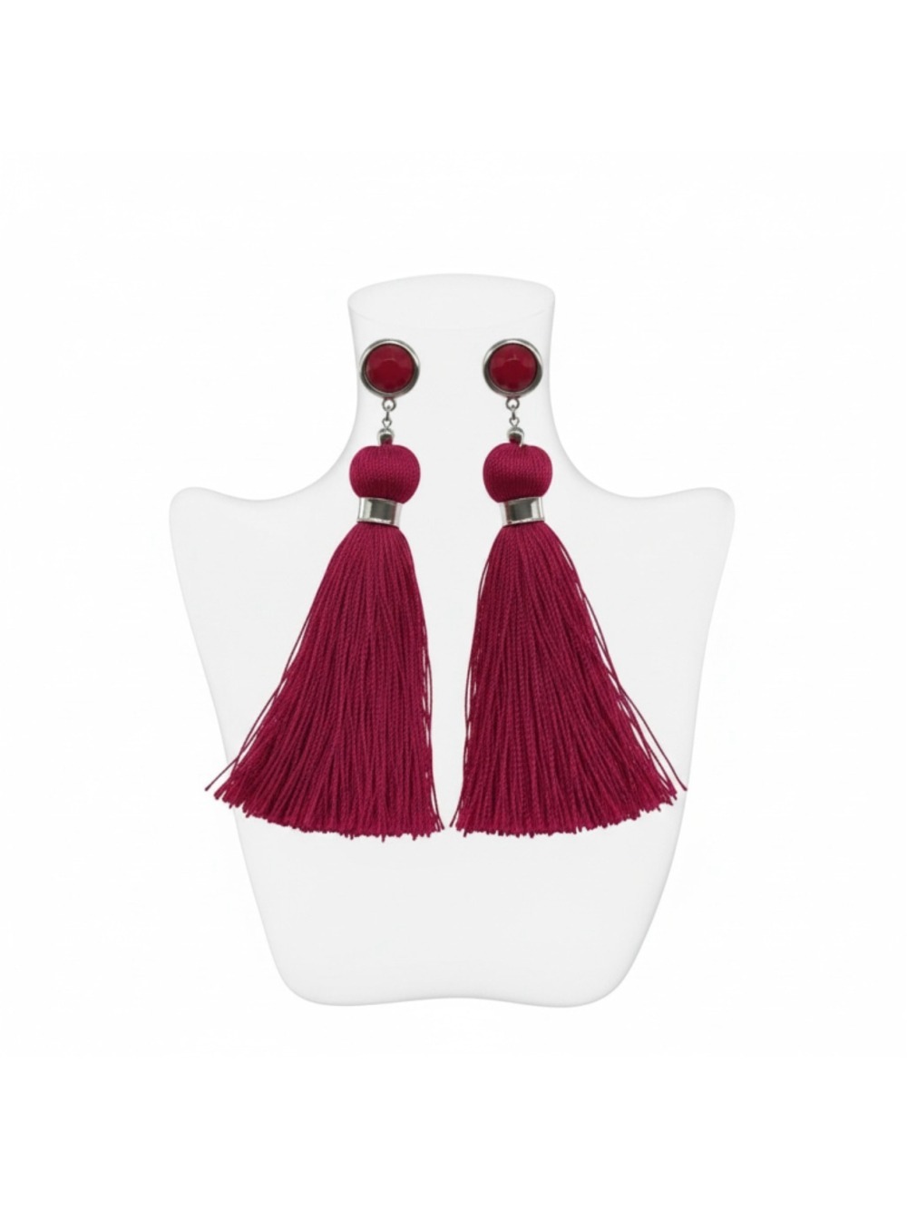 Red Tassel Statement Earrings Long Fringe Dangle Silver Tone Boho NWOT